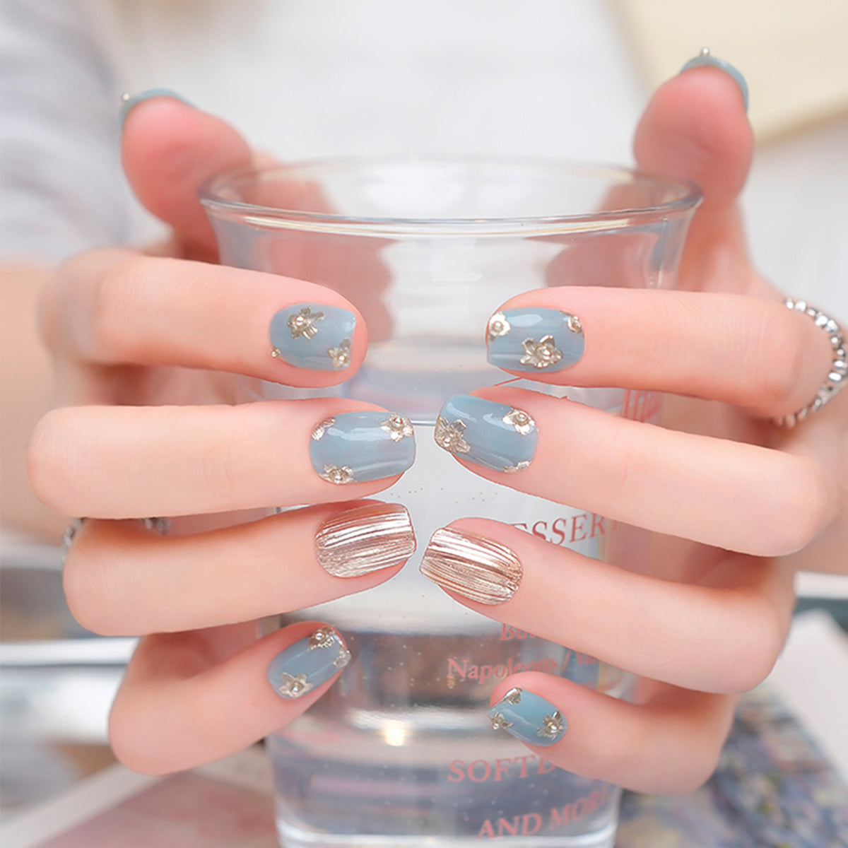 Flower Affair | Light Blue Handmade Reusable Press-on Nails